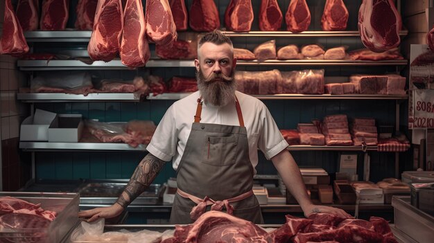 Photo man standing in front of shelves with raw meat male butcher or shopkeeper working in modern meathsop