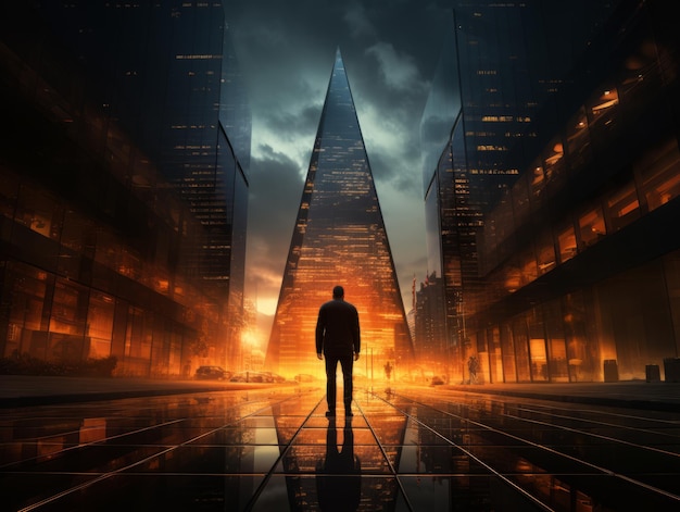 a man standing in front of a skyscraper at night