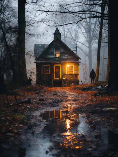 a man standing in front of a small cabin in the woods