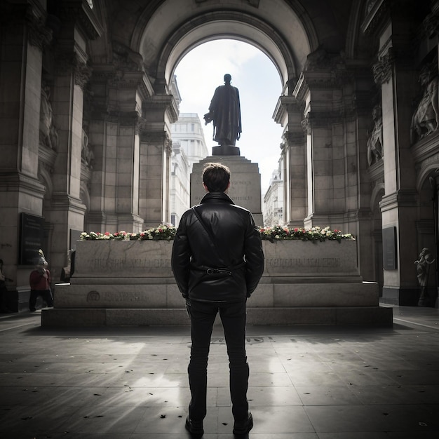 A man standing in front of a statue