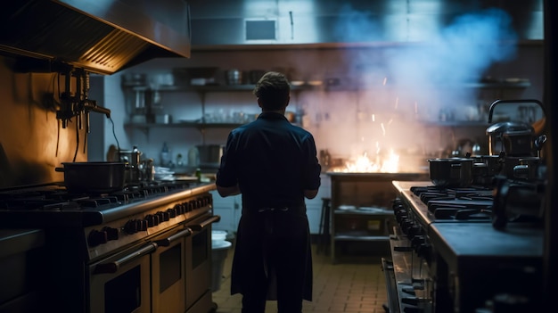 火の隣のキッチンのコンロの前に立つ男性 生成 AI
