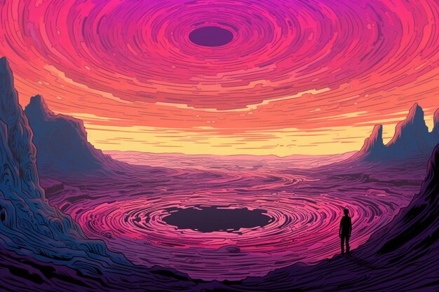 A man standing in front of a sunset with a black hole in the middle.