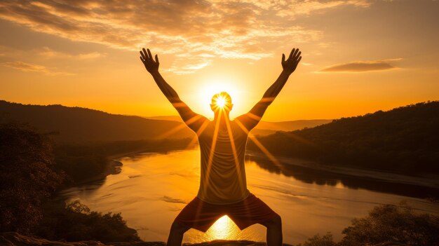 Man Standing in Front of Sunset With Raised Hands