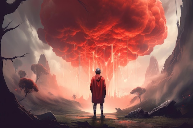 Man standing in front of a surreal red cloud Generative AI