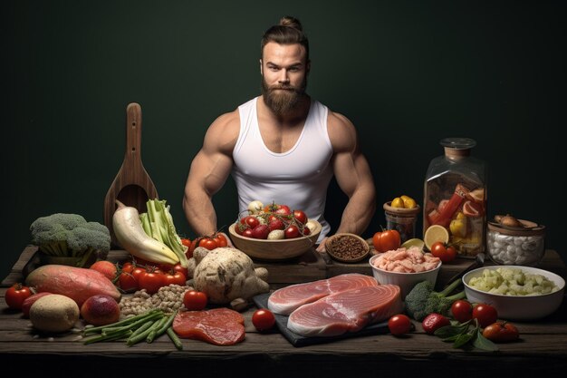 Foto un uomo in piedi davanti a un tavolo pieno di cibo