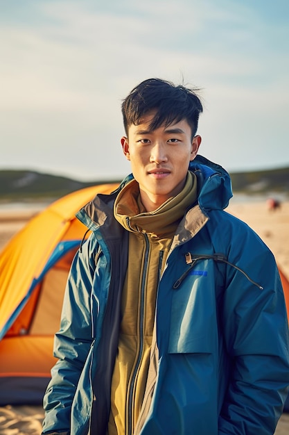 A man standing in front of a tent on a beach Generative AI image