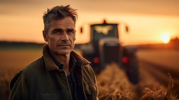Photo a man standing in front of a tractor in a field ai generative image