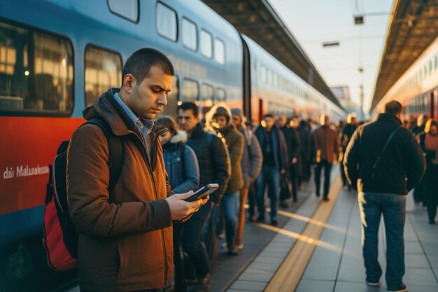 Мужчина стоит перед поездом и держит в руках мобильный телефон.