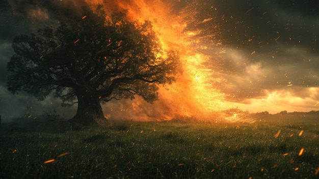 A man standing in front of a tree with fire coming out ai