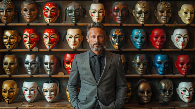 Man Standing in Front of a Wall of Masks