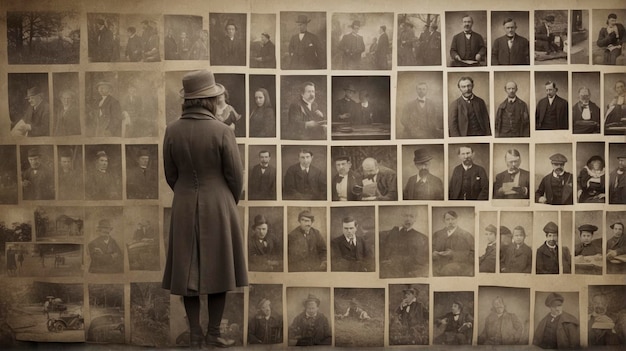 Мужчина стоит перед стеной со старыми мужскими фотографиями