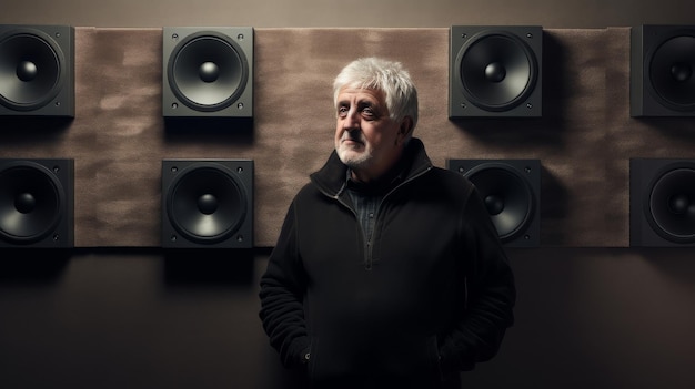 Photo man standing in front of wall of speakers