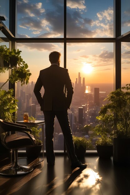 Foto uomo in piedi davanti alla finestra che guarda la città ai generativa