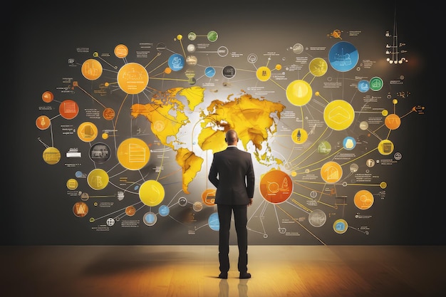 A man standing in front of a world map exploring the possibilities of global travel and adventure