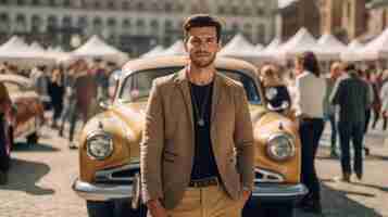 Photo a man standing in front of a yellow car