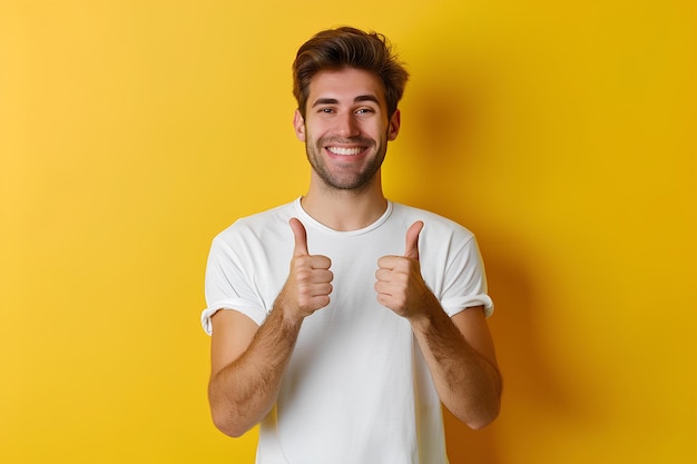 a man standing in front of a yellow wall giving a thumbs up