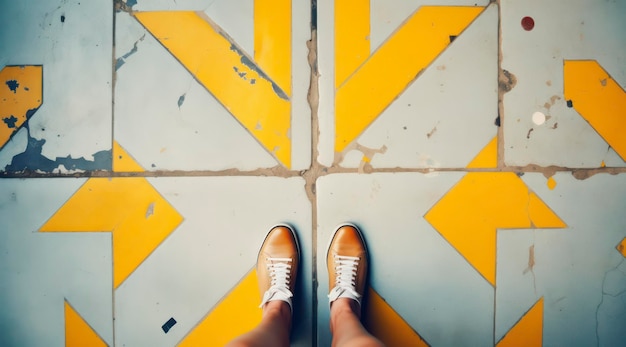 A man standing in front of a yellow and yellow tiled floor with a yellow diamond