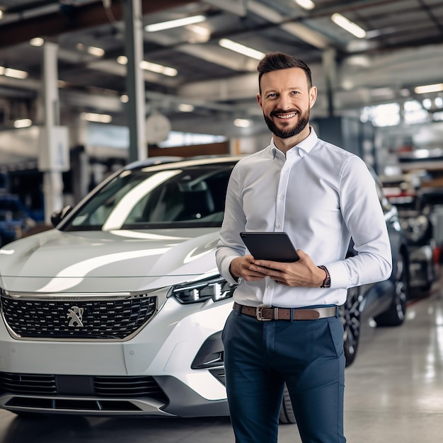 a man standing in a garage with a car in the background.