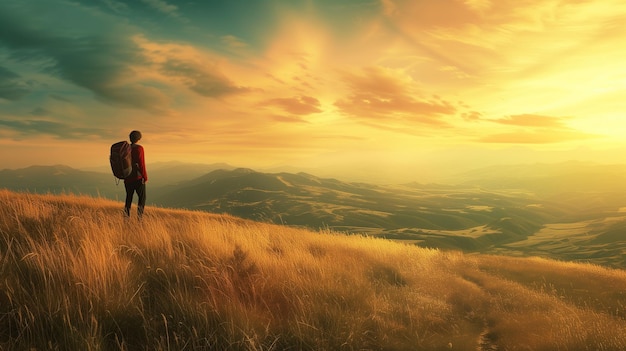 Man Standing on Grass Covered Hill