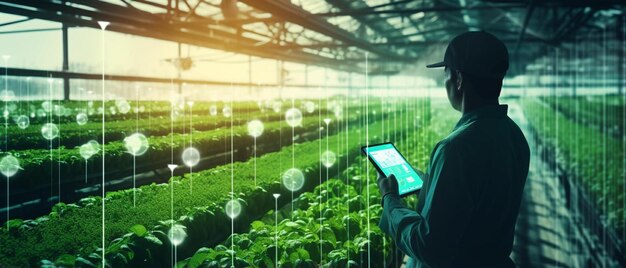 A man standing in a greenhouse looking at a tablet