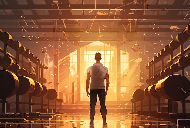 a man standing in a gym with barbells in the style of cyril rolando