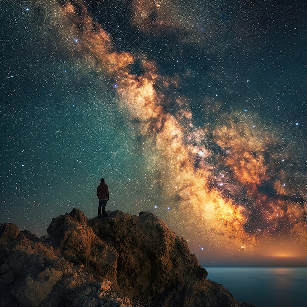 Photo a man standing in a high place looking up to the sky night amazing view