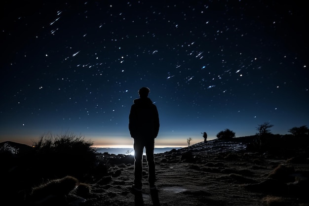 丘の上に立って星を見ている男