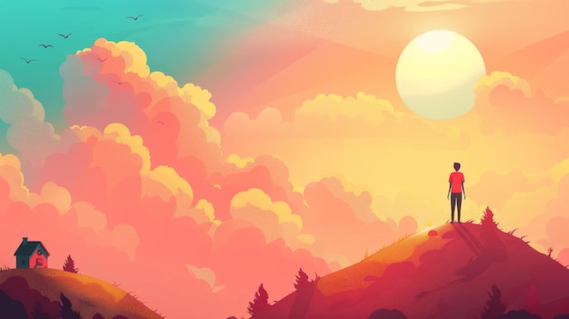 man standing on a hilltop under a vibrant sunset sky contemplating life nature and new beginnings concept of hope inspiration and adventure