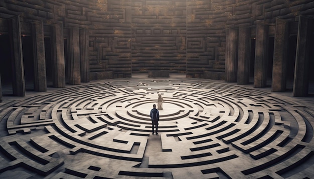 Man standing in a huge maze labyrinth hard life choice concept Generative AI