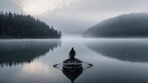 Фото Человек, стоящий в лодке посреди озера.