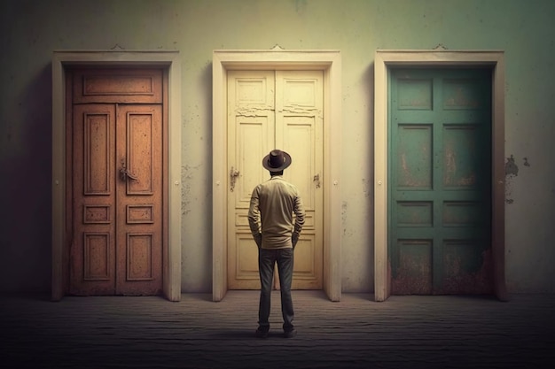 写真 3 つのドアの前に立っている男性が正しい 1 つの選択肢の概念生成 ai を選択します。