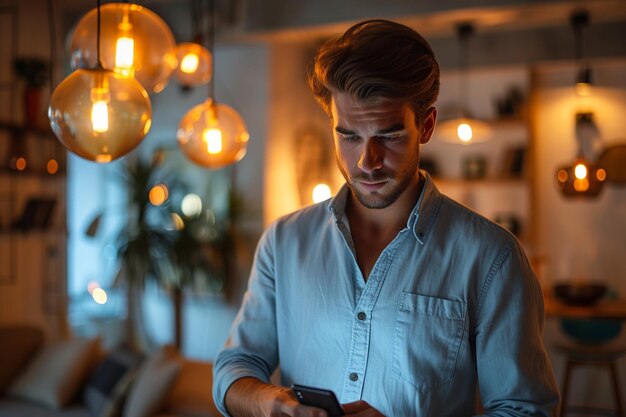 a man standing indoors who appears concentrated and perplexed as he looks at his smartphone