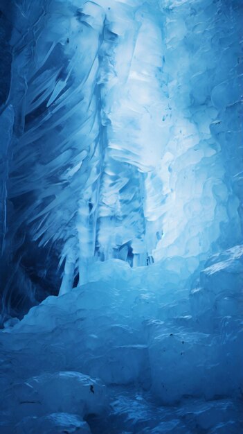 Foto un uomo in piedi all'interno di una grotta di ghiaccio mozzafiato