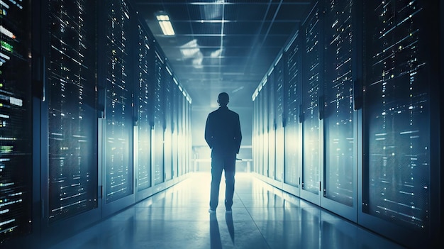 Man standing inside server room blue color Futuristic Concept Data Center Chief Technology Officer