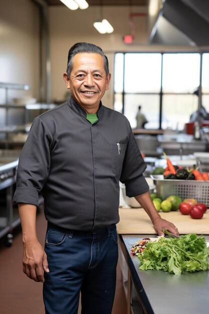 Photo a man standing in a kitchen with vegetables on a cutting board