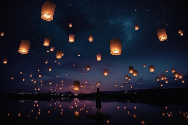 A man standing on a lake with a lantern floating above it