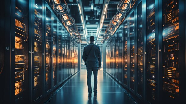 Man standing large data center server room ai generated image