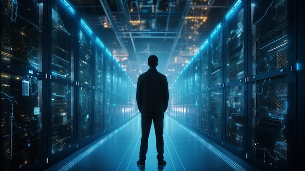 Foto un uomo in piedi in un grande centro dati