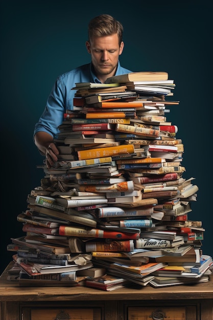 A man standing behind a large stack of books