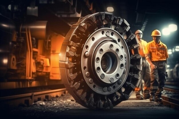 a man standing next to a large tire on a train track