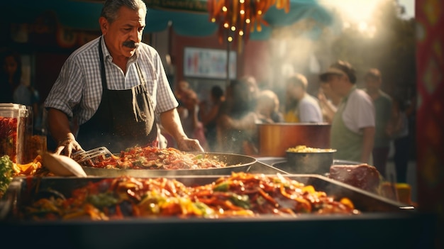 Man Standing Over a Large Tray of Food