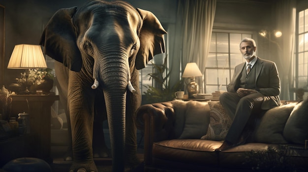 A man standing in a living room next to an elephant