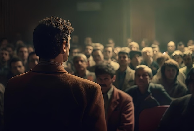 man standing looking at the audience listening to a speak in the style of cinematic view