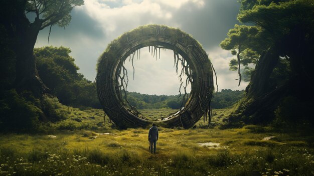 Man standing and looking at a giant overgrown ring