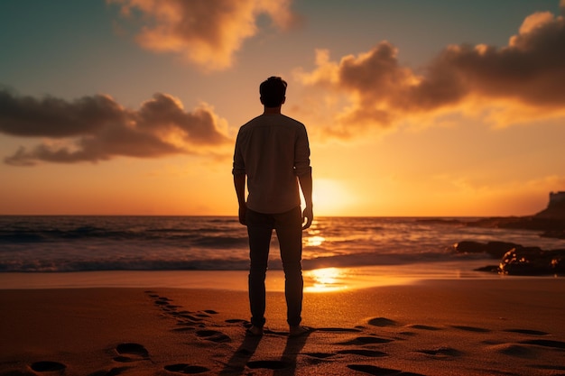 a man standing and looking at the sky at the seaside at sunset time