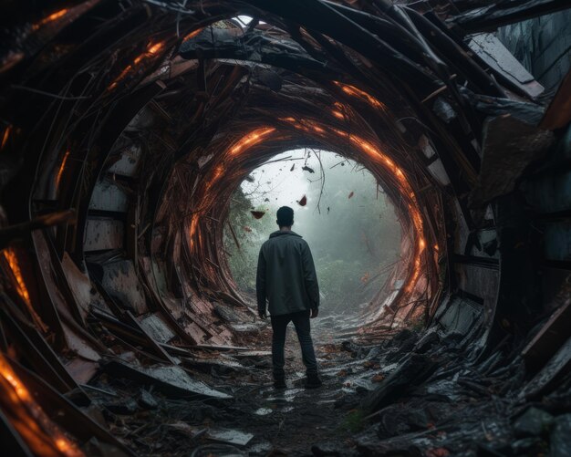 a man standing in the middle of an abandoned tunnel