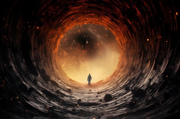 Man standing in the middle of a dark hole