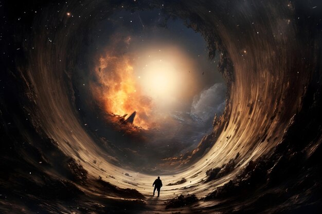 Man standing in the middle of a dark hole