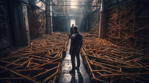 Man standing in the middle of a dark maze and looking at the waygenerative ai