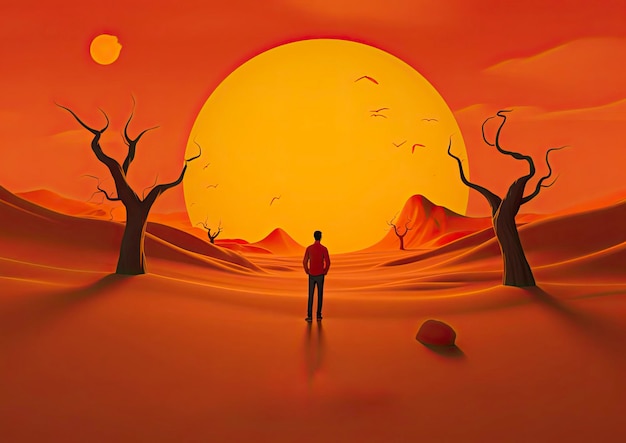 Photo a man standing in the middle of a desert at sunset